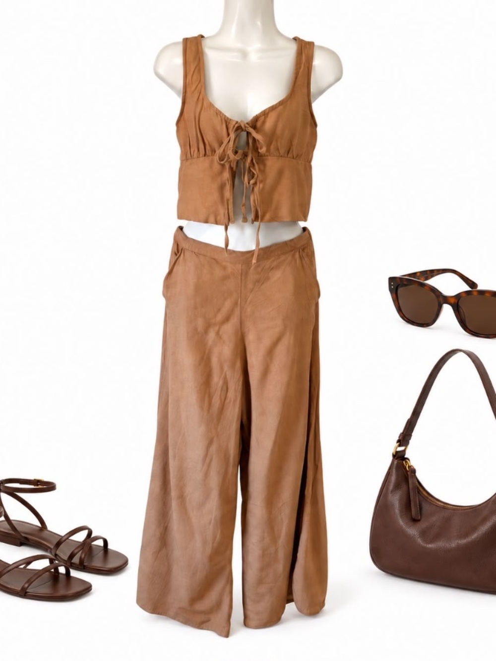 Midnight Sky Tan Linen Blend Tie Front Top & Wide Leg Pants Set S
